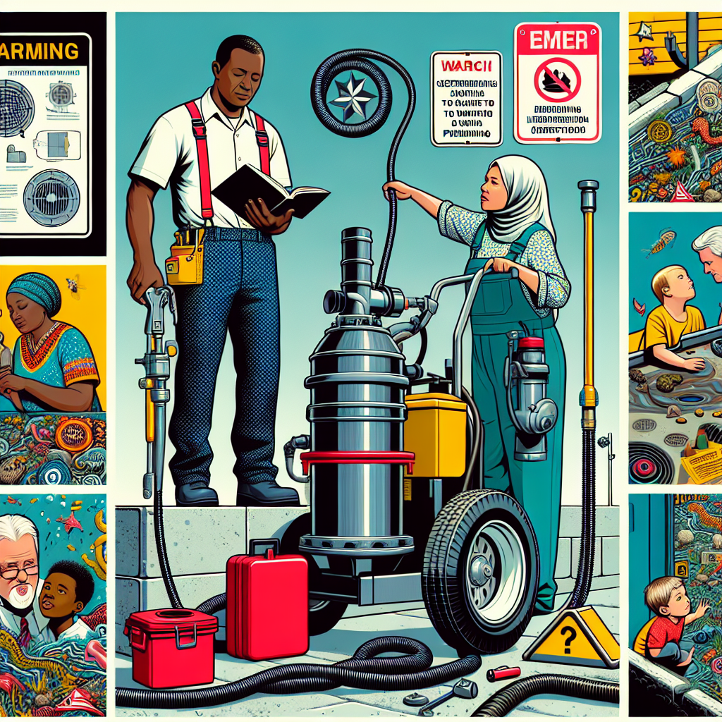 Generate a detailed semi-realistic digital illustration depicting a situation involving septic tank pumping. The scene should contain essential signs to watch for with bright colors and clear composition. Let there be an illustrative representation of different individuals: a Caucasian male operator working on the pumping machine, a Black female homeowner holding a guidebook about septic tank maintenance, and a Middle-Eastern child curiously observing the process. Include relevant props such as the pumping machine, hoses, septic tank diagrams, and warning signs. The overall style should be similar to engaging editorial illustrations found in comics.