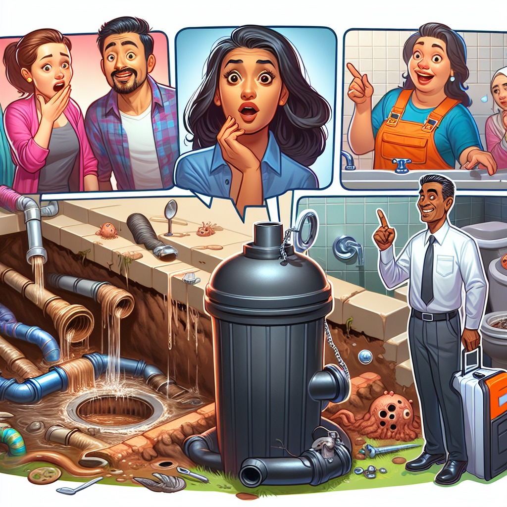 Create a digital illustration in a semi-realistic comic style showing indicative signs of septic system failure and possible solutions. The scene should include a cast of expressive characters of different genders and descents, such as a South Asian female engineer pointing to a soggy drain field, a Hispanic male homeowner looking surprised at a smelly sink, and a Black professional plumber showing an inlet pipe blockage model. To match the theme, props like pipes, wastewater, and septic tanks should be included. The illustration should be filled with bright colors, have clear composition, and an engaging editorial style.
