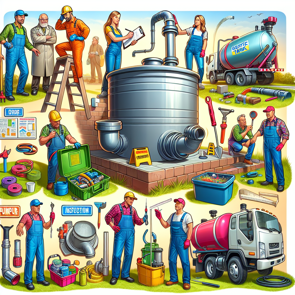 Create a vibrant, detailed digital illustration emphasizing key instructions for septic tank maintenance for homeowners. The image should present this in a semi-realistic style akin to comic book art. Include lively characters of different genders and descents engaging in relevant activities such as checking tank levels, inspecting drain fields, and pumping the septic tank. Use brightly colored, distinct props that fit the theme - a septic tank, protective gloves, measuring instruments, and a pump truck. The composition should be clear, engaging, and convey the theme in an informative and visually appealing manner.