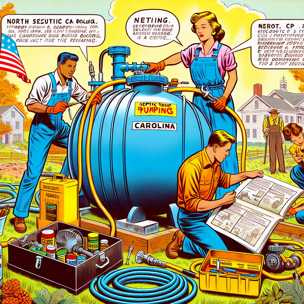 Create a digital illustration with crisp details, depicting the process of septic tank pumping in a context hinting North Carolina. Incorporate a bright color palette to mimic comic art style, pre-1912. The scene should include human characters of different descents and genders, each displaying unique expressions relevant to the task. One character, a Caucasian female, can be seen pulling out essential tools from a toolbox while another person, a South Asian male, is reading through a manual of guidelines. Props related to the theme such as hoses, pumps, and tanks should be strategically placed to enhance the composition. An engaging and narrative editorial style is preferred.