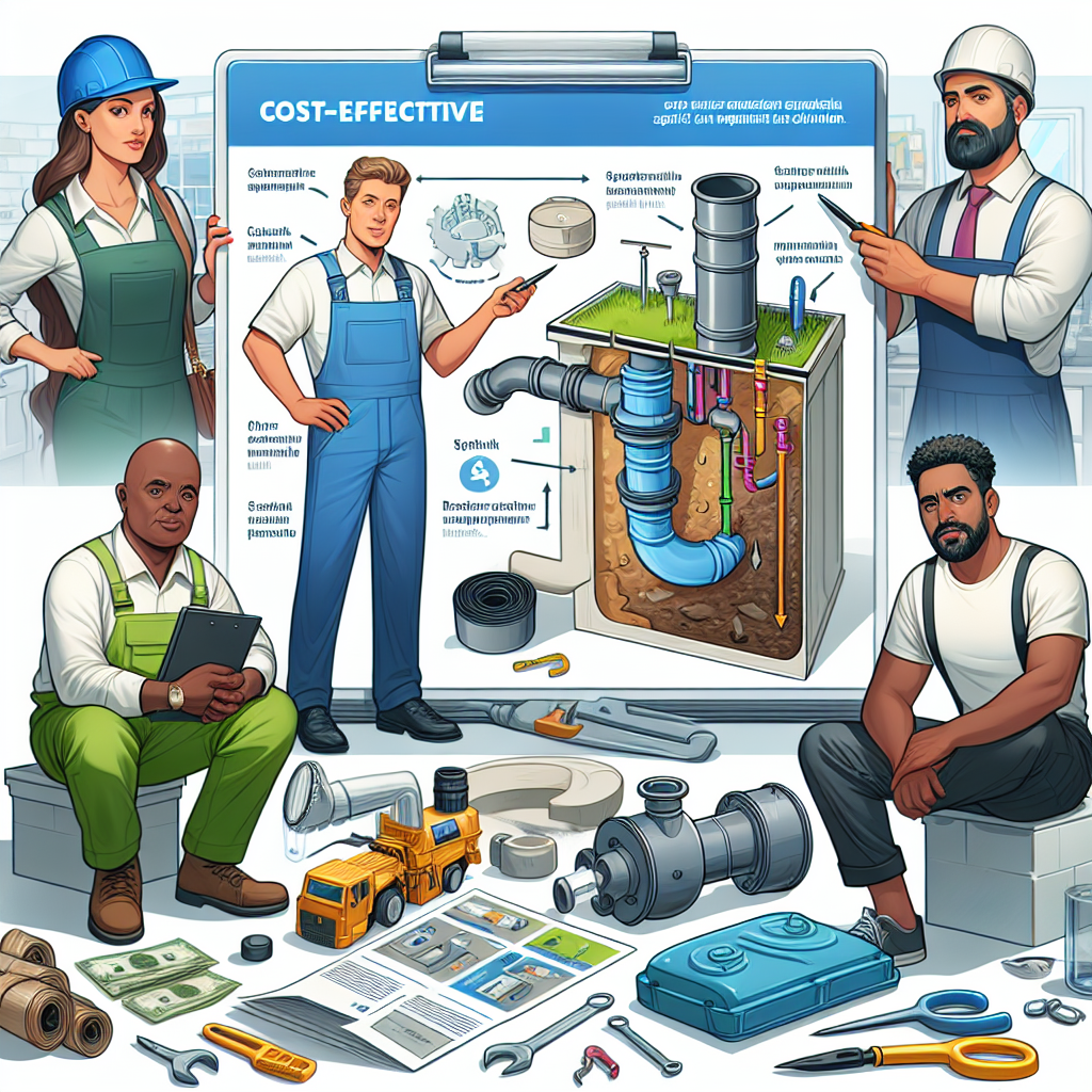 Create a visually engaging digital illustration in a semi-realistic comic style. This illustration focuses on the theme of cost-effective septic tank replacement solutions. The image features a diverse group of characters. A Caucasian male plumber is showing a cut-out diagram of a septic tank, a Black female engineer is demonstrating the use of advanced tools for septic tank replacement, and a Middle-Eastern male homeowner is actively engaging in the discussion. Relevant props include tools, septic tank models, and diagrams. The colors should be bright and clear, the composition organized, and the overall styling reminiscent of an informative editorial.