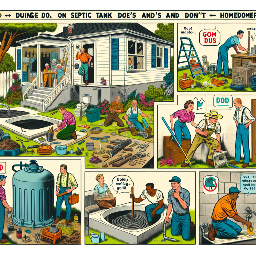 Create a detailed and bright digital illustration, interpreting in the semi-realistic style often seen in vintage comics, that serves as an educational guide on Septic Tank Do's and Don'ts for homeowners. The scene should include diverse characters of different descents such as Caucasian, Hispanic, and Black, who are engaging in activities related to the topic. Some are making wise decisions, and some are making mistakes, allowing the viewer to distinguish between good and bad practices. The composition should be clear and intuitive, using relevant props, such as tools, a house, a septic tank, etc. The overall aesthetic should be appealing, colorful and informative in an engaging editorial style.