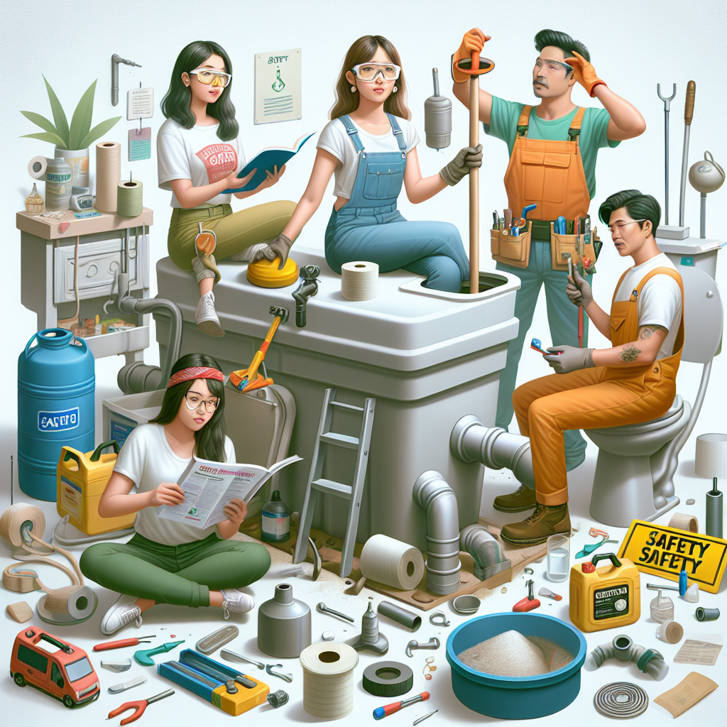 Render a semi-realistic digital illustration representing DIY septic tank repairs. The image should be filled with expressive characters engaging in the repair process. For instance, an Asian woman might be wearing safety glasses and reading through the safety manual, and a Middle-Eastern man could be holding a plunger and other tools, ready to start the repair. There might also be a safety sign and other relevant props placed thoughtfully within the scene. Incorporate a palette of bright colors to give the image a lively feel. Prioritize clear composition and details that evoke an engaging editorial style. Keep an emphasis on safety throughout the artwork.