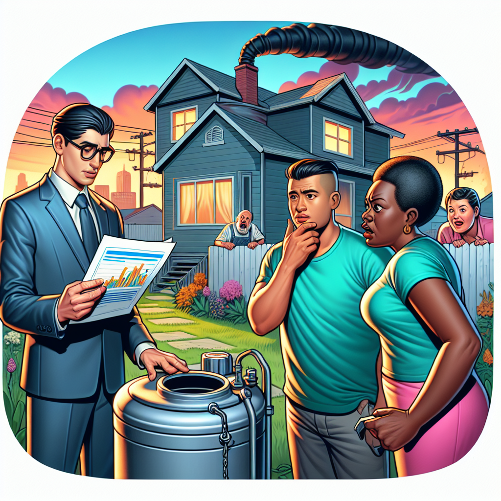 Generate a digital illustration in a semi-realistic style, showcasing the theme of 'Septic Tank Issues: Boost or Lower Your Home's Value?'. Include a group of characters with a variety of expressions that reflect their emotions about the situation. Make one character a Middle-Eastern male who appears to be a real estate agent, reviewing a document that shows property values. The second character can be a Black female homeowner, looking worried as she points towards the house with an open septic tank in the front yard. In the background, add a Caucasian female neighbor peering over the fence with a surprised look. Use vibrant colors and ensure that the composition is clear, engaging, and reminiscent of editorial illustrations.