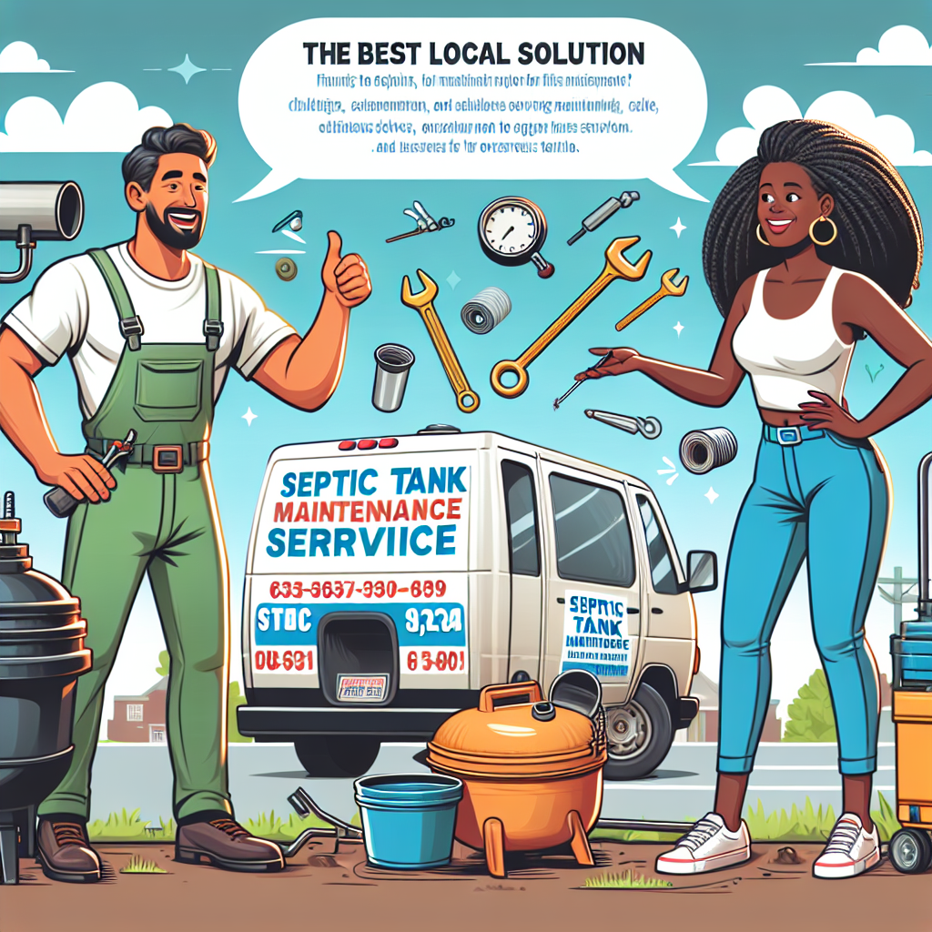 Create a digital illustration reminiscent of a semi-realistic comic showcasing a scenario related to septic tank maintenance service in Charlotte, North Carolina. Include a male South Asian technician working with efficiency and an African-American female customer expressing satisfaction. They are surrounded by relevant props such as a septic tank, tools, and a service van. Emphasize energetic bright colors, clear composition, and an engaging editorial style to highlight the best local solution for effortless maintenance.