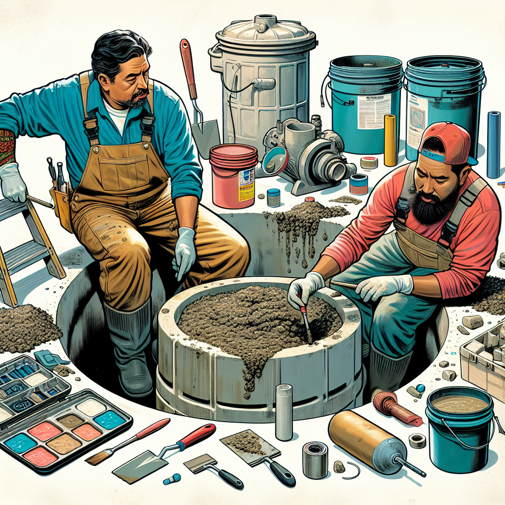 Create a detailed digital illustration in a semi-realistic comic style focusing on the topic of septic tank concrete repairs. The scene should include two expert repair workers, one Hispanic man and one South Asian woman, actively repairing a septic tank. They should have expressive faces showing concentration and skill. Also display various essential tools of their trade, such as brushes, trowels, repair cement, and gloves, scattered around the repair site. The palette should be bright and the composition should clearly depict the process, with an engaging, editorial-like narrative unfolding in the scene.