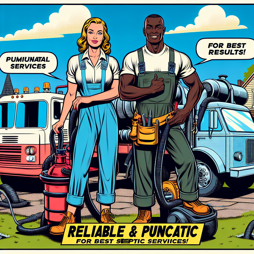 Create a colorful and detailed digital image in the style of a classic comic illustration depicting a scene related to Septic Services. Show two hardworking individuals, a Caucasian woman and a Black man, both offering reliable and punctual services. Each one of these professionals should be equipped with relevant tools, like a vacuum truck and specialized cleaning equipment. They are set to work, showing a balance of determination and cheerfulness on their faces. The backdrop should feature bright blue skies and a clean neighborhood, conveying a sense of cleanliness and positive transformation. The overall composition should be clear, engaging and narrate a story of effective and punctual septic service. Add bold text exclaiming, 'Reliable & Punctual for Best Results!'.