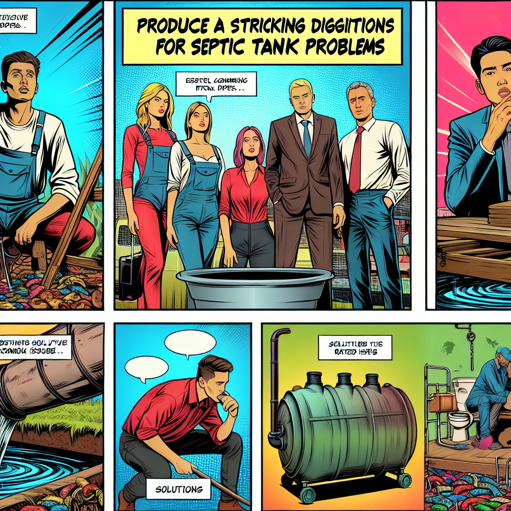 Produce a striking digital image in a semi-realistic style typical of comic books that focuses on the theme of Septic Tank Problems, providing effortless solutions for five common issues. The image should feature expressive characters of varied genders and descents dealing with related issues, and include relevant props associated with septic maintenance and repair. The palette should be filled with bright colors and the composition should be clear signifying the issues and solutions visually in an engaging, informative manner.