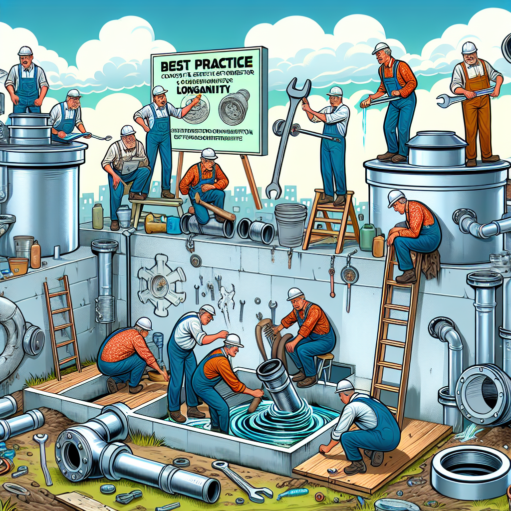 Generate a dynamic and colorful digital illustration in semi-realistic comic style that depicts the theme of 'Concrete Septic Systems: Best Practices for Longevity'. The scene should contain a group of characters each demonstrating a different best practice for maintaining a concrete septic system. For example, one character may be properly disposing of waste, while another demonstrates careful inspection and maintenance of the system. Each character should have highly expressive features and the scene should be filled with relevant props like pipes, wrenches, and septic tank diagrams. The overall composition should be clear and engaging, in the style of a informative comic strip.