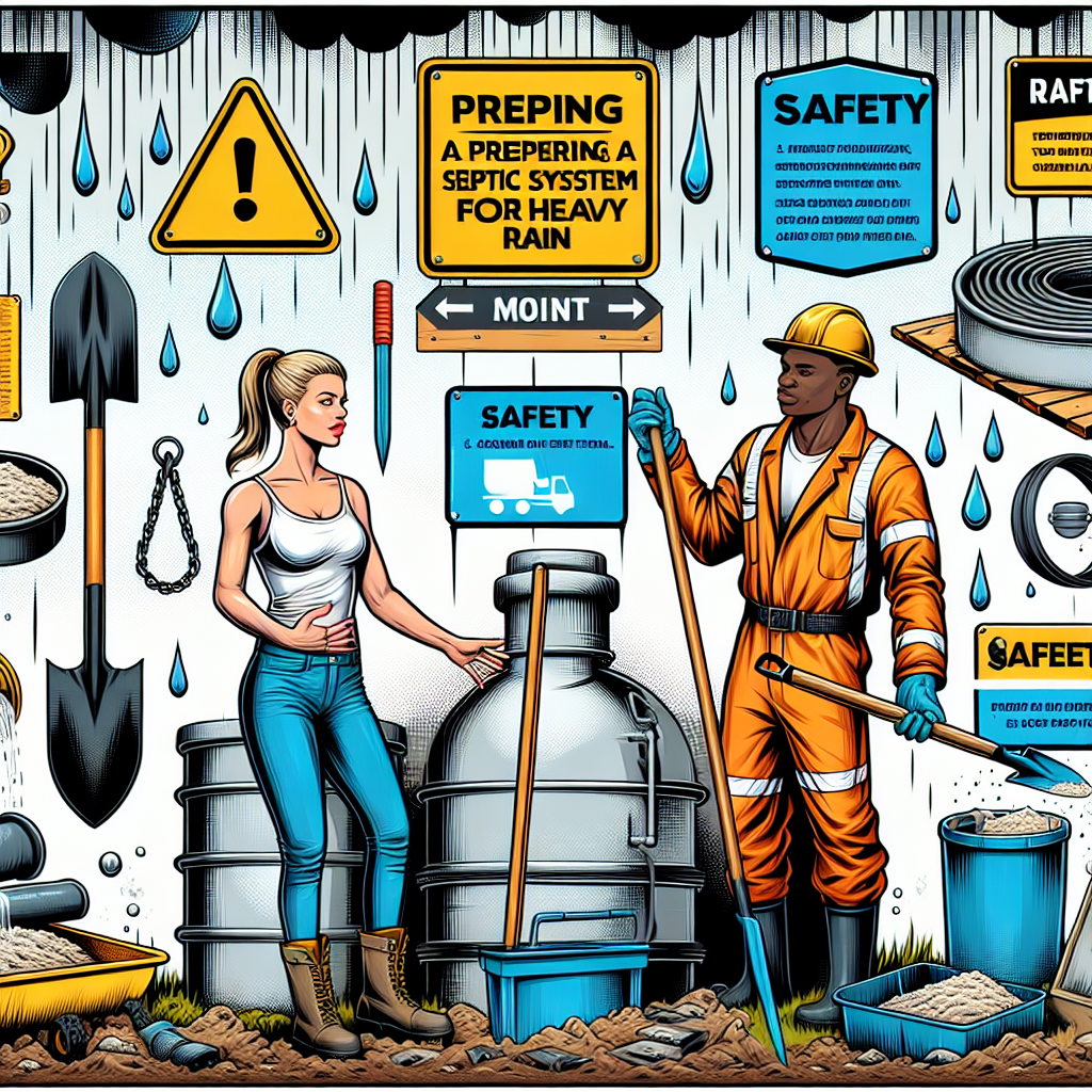 Craft a richly detailed, semi-realistic comic-style digital illustration on the theme of preparing a septic system for heavy rain, featuring key steps and essential tips. Include the image of two main characters taking actions according to the safety tips. One character is a Caucasian woman with a ponytail, wearing work clothes, and the other is a Black man donning protective gear. Scatter relevant props throughout the scene such as a shovel, septic tank, rainwater, manual, and safety signboards. Employ a distinct palette of bright colors, ensure an easy-to-follow composition, and evoke the spirit of engaging editorial-style illustrations.