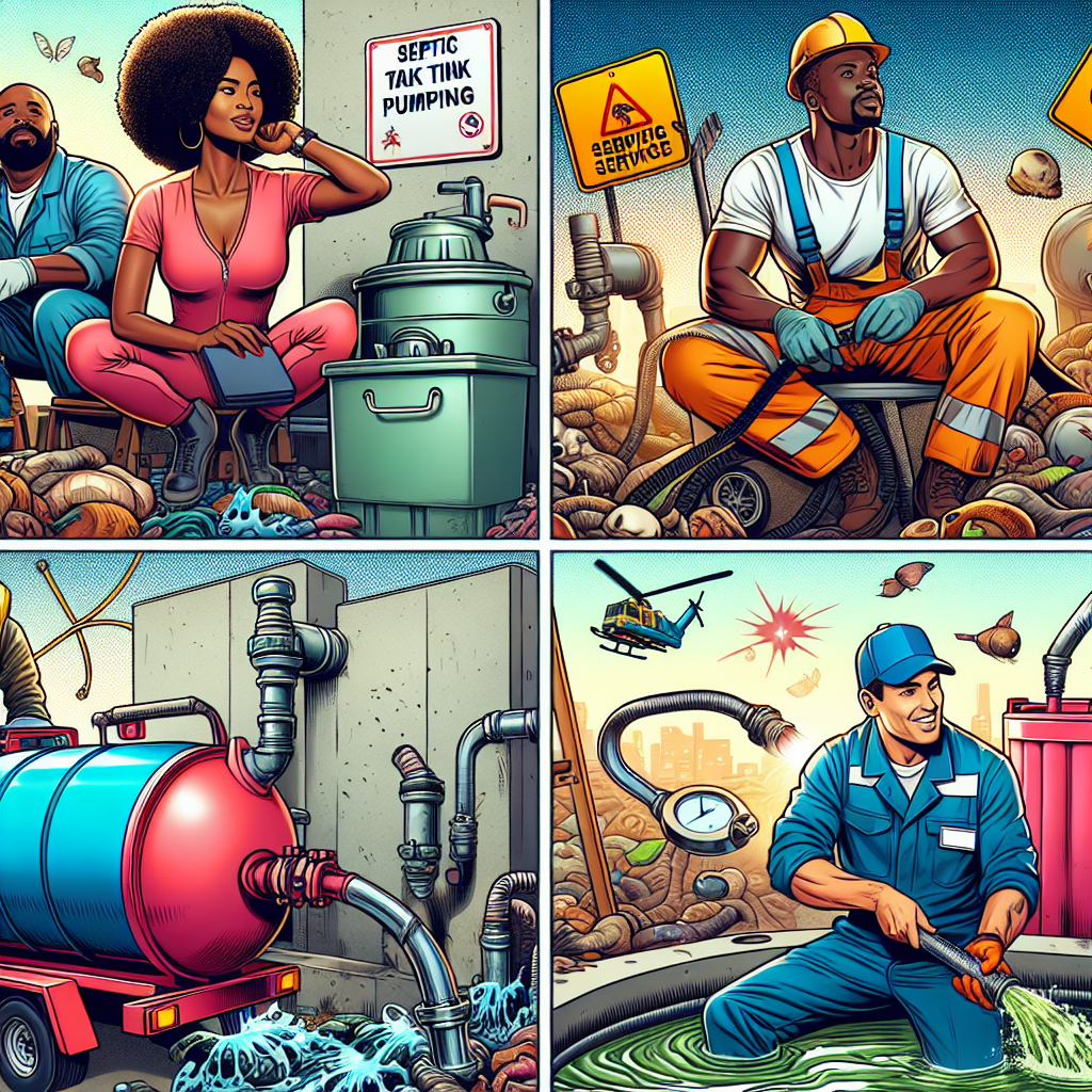 Generate a highly detailed and vibrant digital illustration of a septic tank pumping scene in a semi-realistic comic style. Our focus is four different characters, each of African, Caucasian, Hispanic, and East Asian descent respectively. Two of them are female, and two are male. They are all engaged in different tasks relevant to septic tank pumping. Include various signs and symbols associated with this process, featuring bright colors and clear composition. The scene is bubbling with activity and discussion. The editorial style should communicate professional knowledge about such essential services, while also keeping the atmosphere lively and interesting.