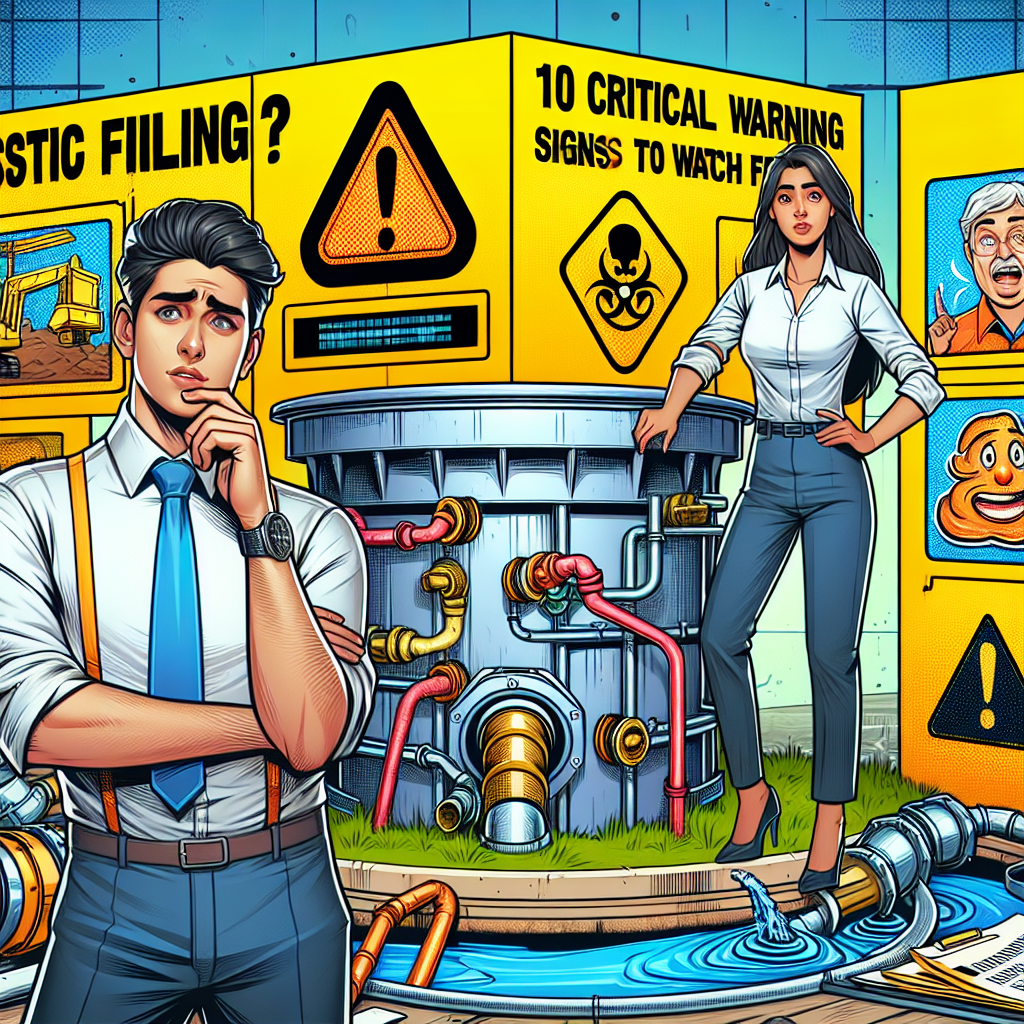 Create a semi-realistic comic-style digital illustration about 'Septic System Failing? 10 Critical Warning Signs to Watch For.' The scene should feature vivid, bright colors and a clear composition. Include diverse characters: a Caucasian man and a Middle-Eastern woman, both in professional attire such as engineers, showing various critical warning signs linked to a failing septic system. Each character should have expressive faces, demonstrating concern or surprise. The environment should have relevant props like technical equipment, a septic tank blueprints, warning labels or signs, all matching the theme. Design this scene in an engaging, editorial-style manner.