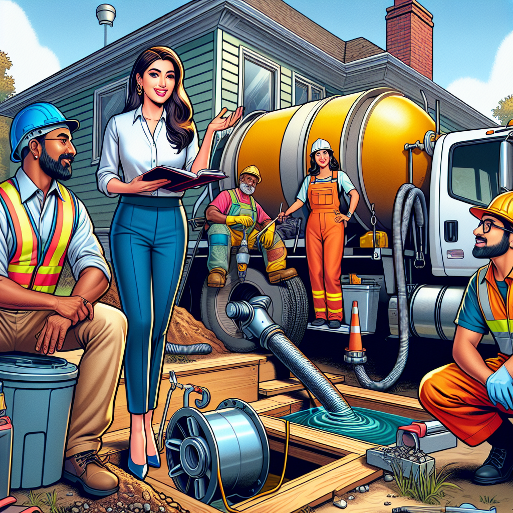 Generate a vivid, detailed image demonstrating the best practices of septic tank pumping frequency in North Carolina, in a semi-realistic comic style. The illustration should include expressive characters of varying DESCENT and GENDER, such as a knowledgeable South Asian female engineer explaining the process, a Hispanic male homeowner eager to learn, and a Middle-Eastern female neighbour observing, all involved in the scene. Relevant props like a septic tank, a pumping truck, and safety gear are included in the scene. The piece showcases bright colors for an appealing visual effect, clear composition to represent the relationships between the elements, and an engaging editorial style to guide the viewer's attention.
