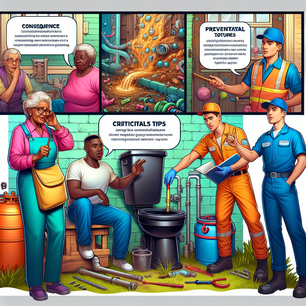 Create a vivid, detailed illustration in a semi-realistic comic style. This image should depict the major issues associated with a poorly maintained septic system and some preventative measures. The scene should include a diverse group of characters: an elderly Black woman showing the consequence of neglecting septic system upkeep, a young Asian male demonstrating proper septic system maintenance, and a Caucasian plumber explaining crucial tips. Use bright colors to make the image engaging. The composition should be clear, with the characters and their actions standing out. The overall style should be educational and editorial.
