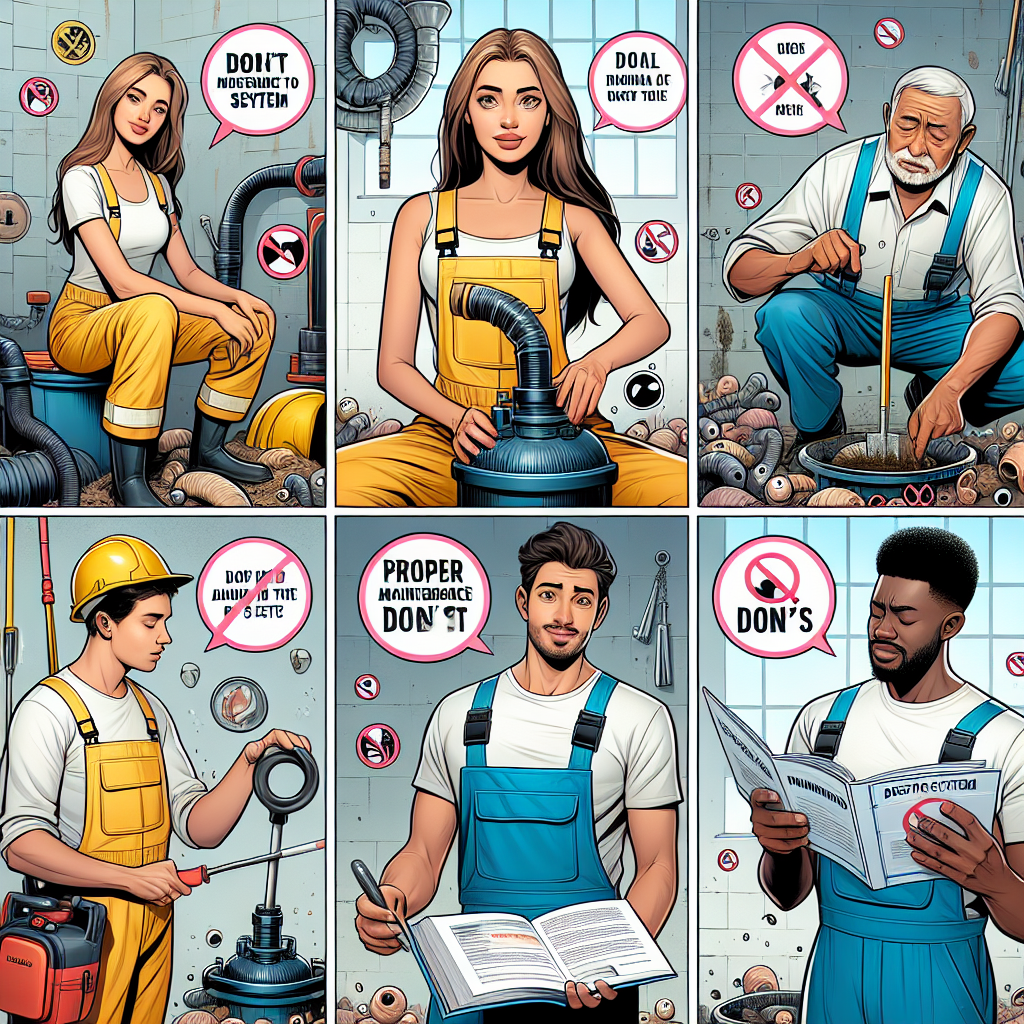 Create a detailed and bright digital illustration of essential Septic System Maintenance do's and don'ts in a semi-realistic comic style. The scene features different characters expressing varying emotions while tending to septic system tasks. The Caucasian female in yellow safety gear operates a septic pump. A South Asian male in blue overalls holding a proper maintenance checklist with key points. A black female character checking the system with a manual in hand. A Middle-Eastern man strictly avoiding the don'ts indicated with red signs. The scene reveals comprehensible and engaging illustrations that translate the guidelines on septic system care.