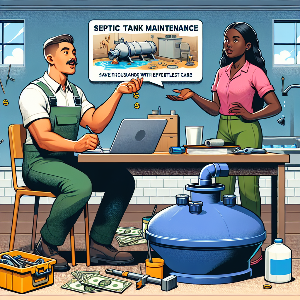 Generate a semi-realistic comic-style digital illustration on the theme of 'Septic Tank Maintenance: Save Thousands with Effortless Care'. Include an engaging scene with a Caucasian male character demonstrating septic tank maintenance and  an African female character learning from him. Ensure both characters are expressive and the environment includes relevant props such as tools and a septic tank. Use a palette of bright colors for an appealing visual aesthetic, and aim for a clear composition to highlight the overall message of cost savings and effortless care associated with regular maintenance.