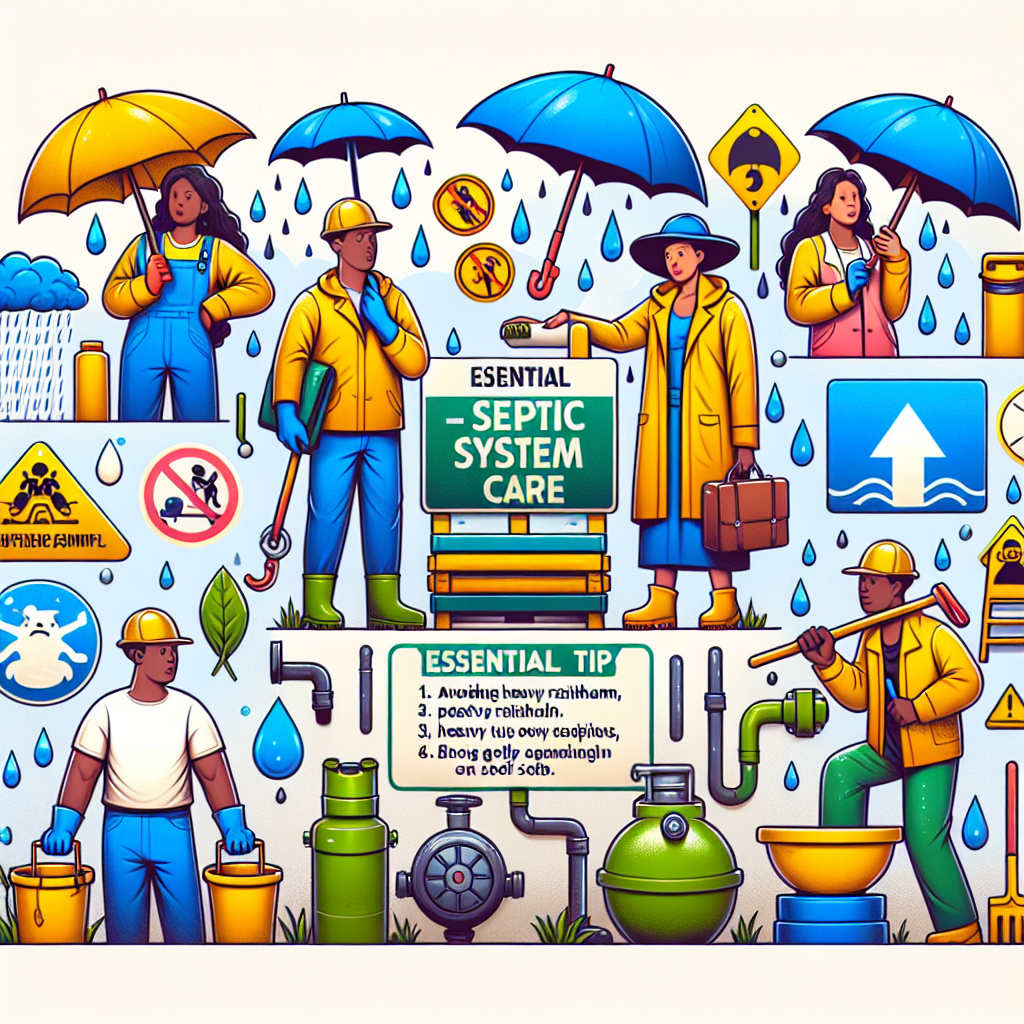 Create a detailed illustration in a vibrant, semi-realistic style that represents essential tips for septic system care, particularly from heavy rainfall. Feature expressive characters of Asian and African descent, both gender male and female respectively, taking precautions like avoiding heavy rainfall on septic systems, possibly using equipment like umbrellas, raincoats, and other related props. The image should highlight the engagement of the characters in the septic system care activities in an educational yet fun manner. The colors used should be bright and the composition clear with the aim of conveying the message clearly to the viewers.