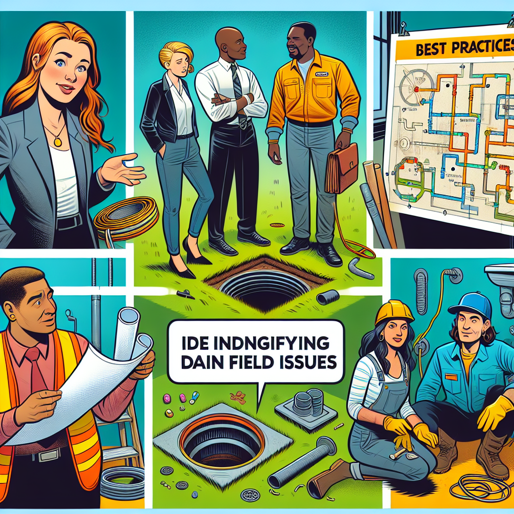 Create a vibrant, detailed illustration in a semi-realistic comic style, portraying best practices for identifying drain field issues. The image should feature expressive characters of different genders and descents - a Caucasian woman, a Black man, a Middle-Eastern woman, and a South Asian man all working together on identifying these issues. Incorporate relevant props such as a drain field system, blueprints, and safety equipment. The color scheme should be bright, with clear composition and an engaging narrative style. Make sure the overall tone of the image echoes an educational and enlightening vibe.