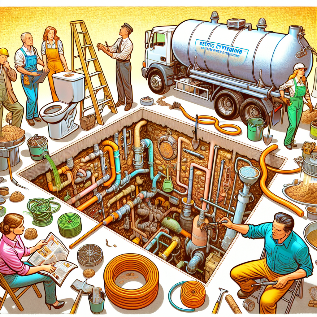 Generate a vibrant, digitally-rendered illustration in a semi-realistic style that resembles traditional comic art, themed around increasing the longevity of septic systems. Include a range of stylistically animated characters scattered in the image, whose actions demonstrate various crucial tips for maintaining and enhancing the lifespan of septic systems. The characters depicted should range in gender and descent, with a Caucasian female sharing a tip and a Middle-Eastern male performing a maintenance task. The scene should be filled with a variety of pertinent props like a cutaway view of a septic system, a septic tank pumping truck, and tools like long hoses and shovels. Use bright, visually pleasing colors to create an engaging composition, and arrange the elements in a clear, editorial style, ensuring the portrayal of the subject is comprehensible.