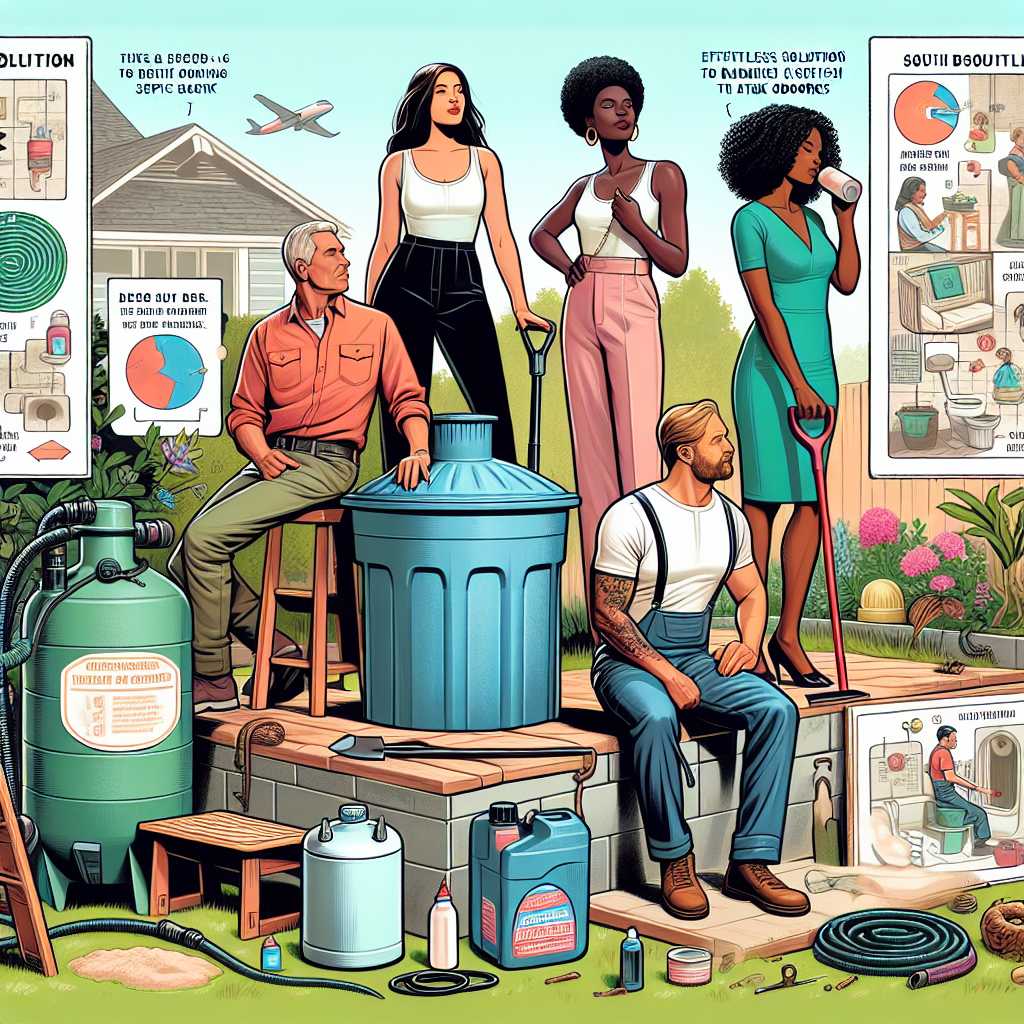 Detail an engaging digital illustration in a semi-realistic comic style that revolves around the topic of 'Effortless Solutions to Banish Septic Tank Odors'. The image should present diverse characters of different genders and descents, such as Caucasian male, a Black female, a Hispanic male, and a South Asian female who are possibly home-owners or plumbers. They should appear to be interacting with various associated props, such as a beautifully designed outdoor garden with a septic tank, a bottle of a deodorizer, a small shovel, and diagrams that show the do's and don'ts of septic tank management. The overall color scheme should be bright and attractive, with visual clarity in composition, embodying an engaging editorial style.